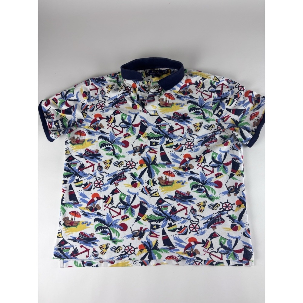Polo Ralph Lauren Shirt Men XL Polo Bear Oxford Camp AOP Hawaiian Beach Surf